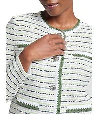 Ming Wang Knit Stripe Tweed Crew Neck Long Sleeve Jacket