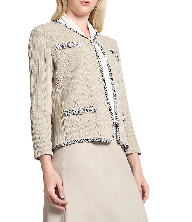 Ming Wang Knit V-Neck Bracelet Sleeve Eyelash Trim Jacket
