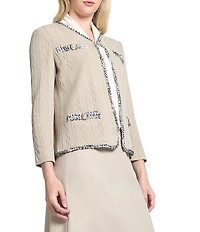 Ming Wang Knit V-Neck Bracelet Sleeve Eyelash Trim Jacket
