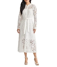 Ming Wang Lace Mandarin Collar Long Sleeve Tie Waist Midi Dress