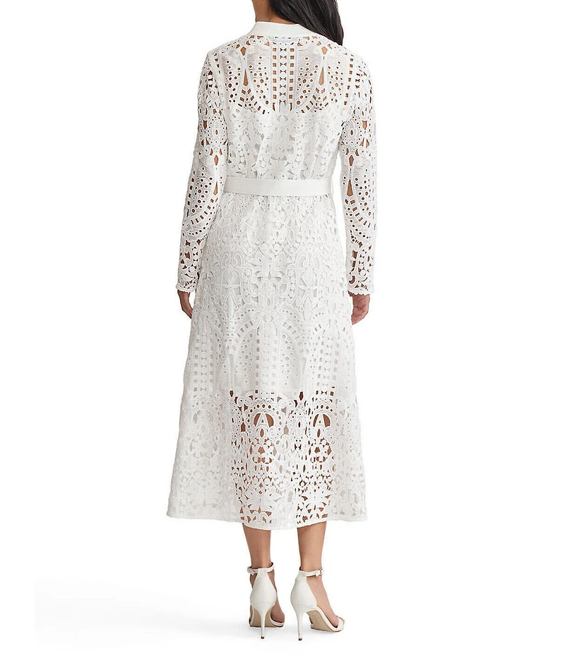Ming Wang Lace Mandarin Collar Long Sleeve Tie Waist Midi Dress