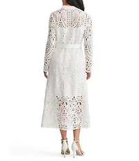 Ming Wang Lace Mandarin Collar Long Sleeve Tie Waist Midi Dress
