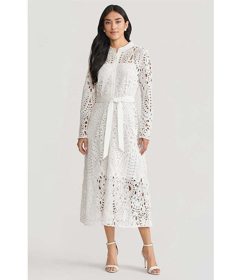 Ming Wang Lace Mandarin Collar Long Sleeve Tie Waist Midi Dress