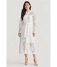 Ming Wang Lace Mandarin Collar Long Sleeve Tie Waist Midi Dress