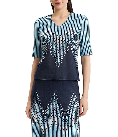 Ming Wang Linear Ombre Sift Knit V-Neck Short Sleeve Top