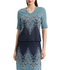 Ming Wang Linear Ombre Sift Knit V-Neck Short Sleeve Top