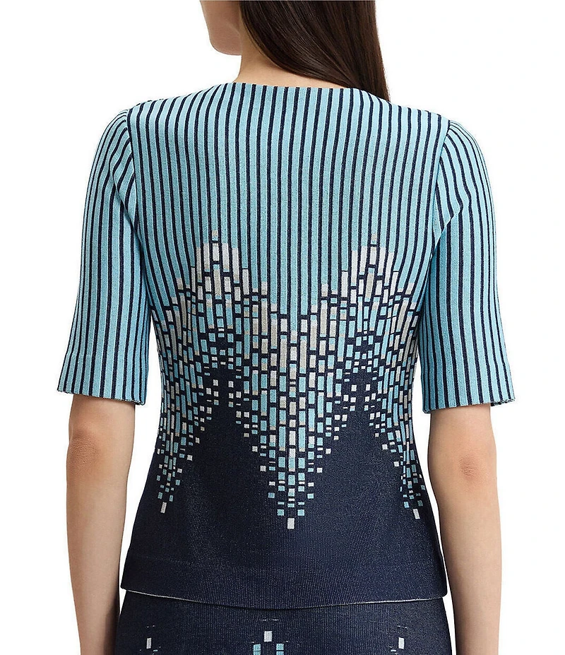 Ming Wang Linear Ombre Sift Knit V-Neck Short Sleeve Top