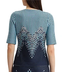 Ming Wang Linear Ombre Sift Knit V-Neck Short Sleeve Top