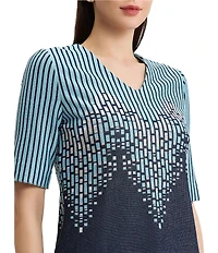 Ming Wang Linear Ombre Sift Knit V-Neck Short Sleeve Top