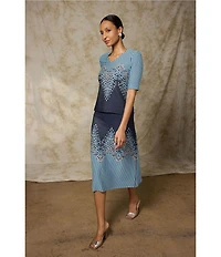 Ming Wang Linear Ombre Sift Knit V-Neck Short Sleeve Top