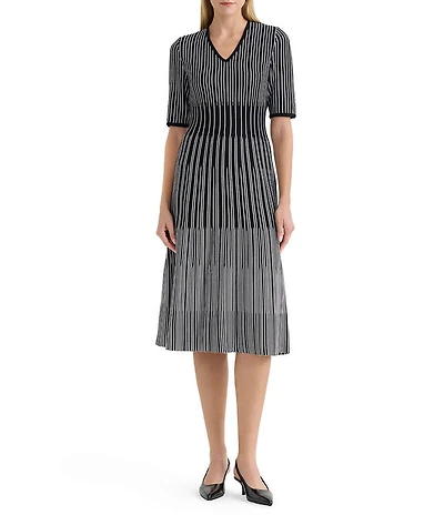 Ming Wang Linear Soft Knit V-Neck Elbow Sleeve Fit-And-Flare Dress