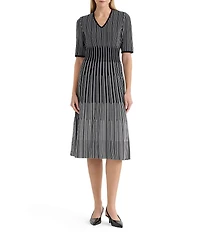 Ming Wang Linear Soft Knit V-Neck Elbow Sleeve Fit-And-Flare Dress