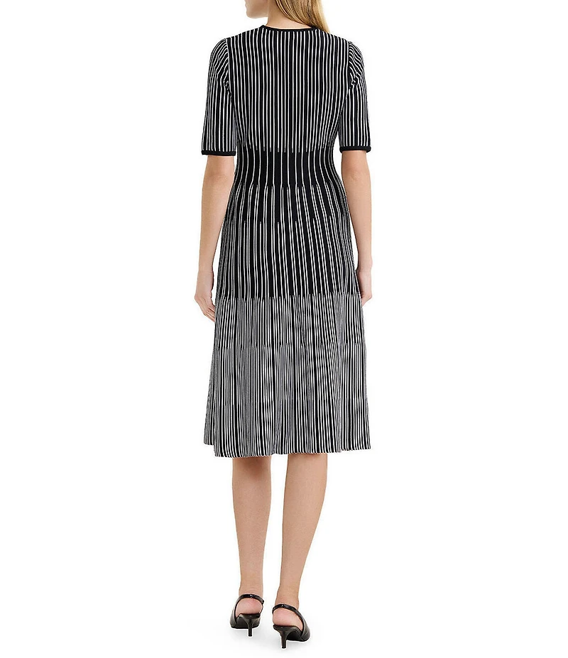 Ming Wang Linear Soft Knit V-Neck Elbow Sleeve Fit-And-Flare Dress