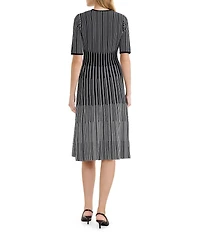 Ming Wang Linear Soft Knit V-Neck Elbow Sleeve Fit-And-Flare Dress
