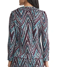 Ming Wang Lurex Fringe Trim Jacquard Knit Round Neck Long Sleeve Jacket