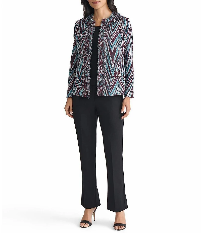 Ming Wang Lurex Fringe Trim Jacquard Knit Round Neck Long Sleeve Jacket