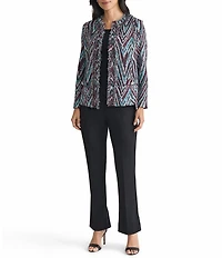 Ming Wang Lurex Fringe Trim Jacquard Knit Round Neck Long Sleeve Jacket