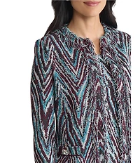 Ming Wang Lurex Fringe Trim Jacquard Knit Round Neck Long Sleeve Jacket