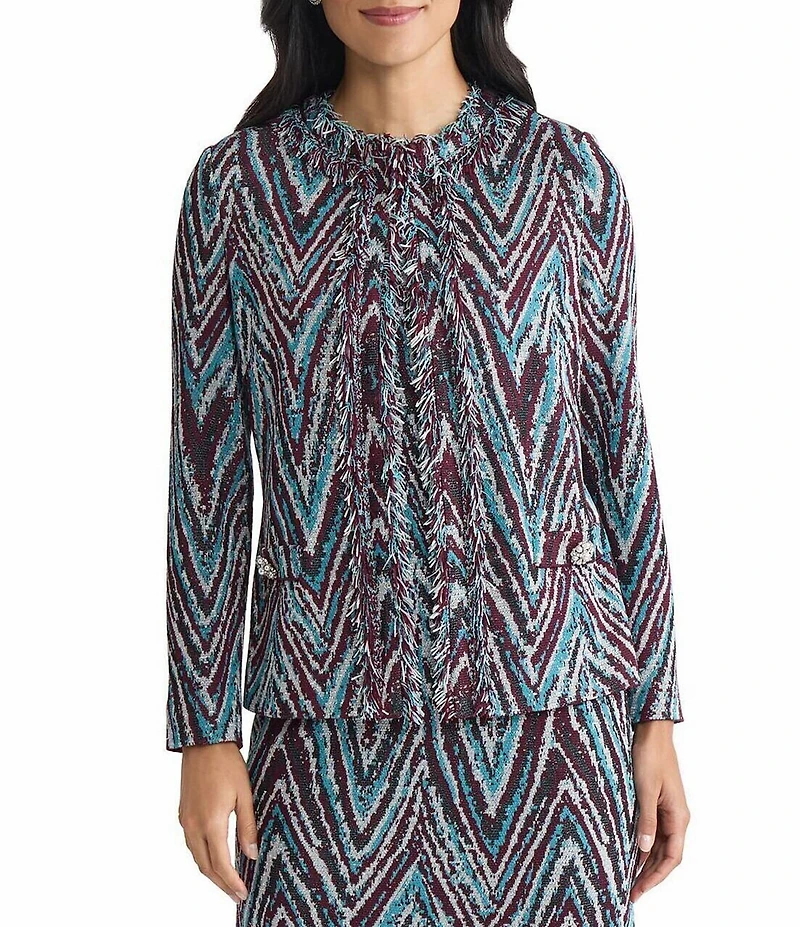 Ming Wang Lurex Fringe Trim Jacquard Knit Round Neck Long Sleeve Jacket