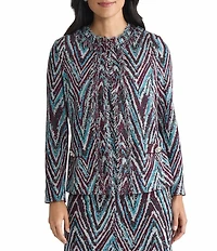 Ming Wang Lurex Fringe Trim Jacquard Knit Round Neck Long Sleeve Jacket