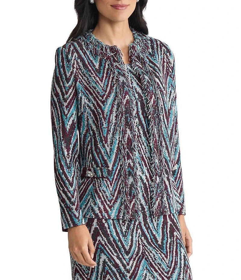 Ming Wang Lurex Fringe Trim Jacquard Knit Round Neck Long Sleeve Jacket