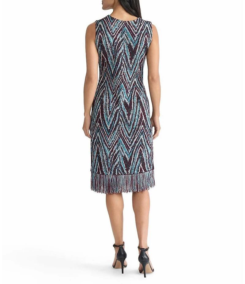 Ming Wang Lurex Fringe Trim Jacquard Knit Scoop Neck Sleeveless Midi Sheath Dress
