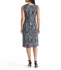 Ming Wang Lurex Fringe Trim Jacquard Knit Scoop Neck Sleeveless Midi Sheath Dress