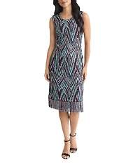 Ming Wang Lurex Fringe Trim Jacquard Knit Scoop Neck Sleeveless Midi Sheath Dress