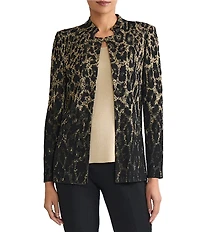 Ming Wang Lurex Leopard Print Jacquard Knit Notch Long Sleeve Jacket