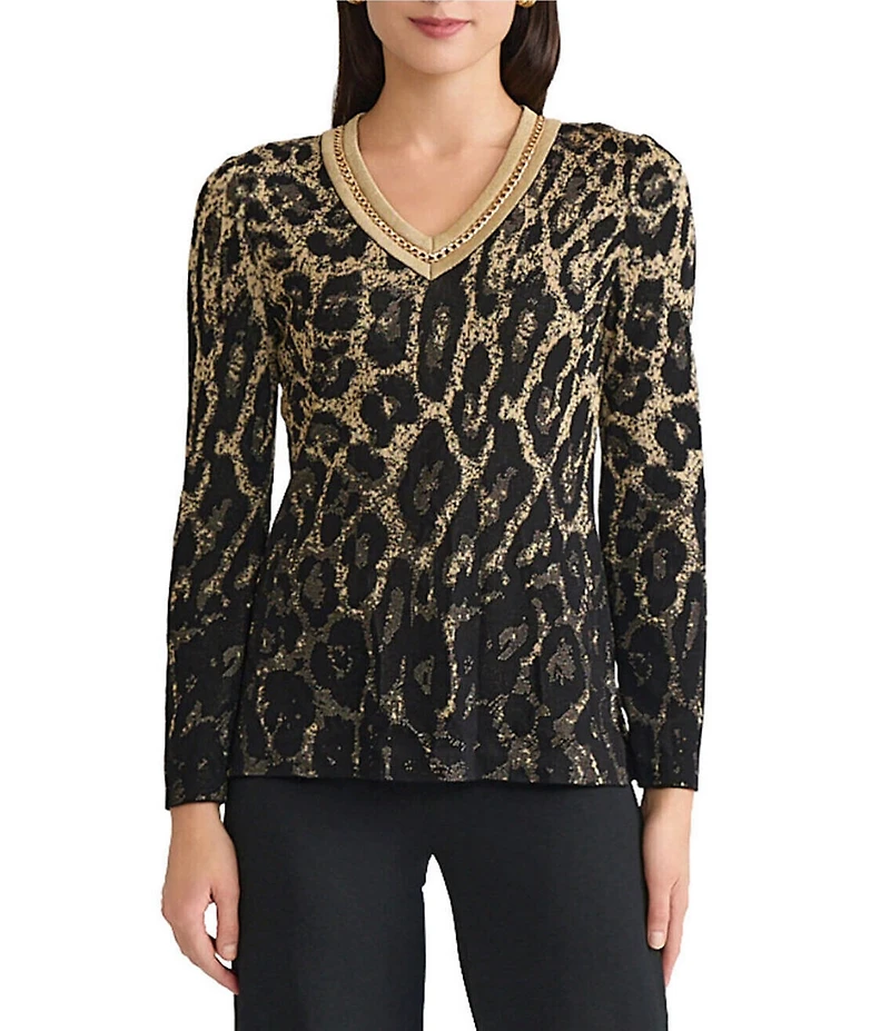 Ming Wang Lurex Leopard Print Jacquard V-Neck Long Sleeve Tunic