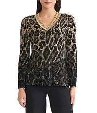 Ming Wang Lurex Leopard Print Jacquard V-Neck Long Sleeve Tunic