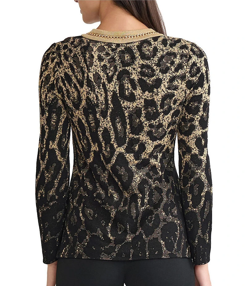 Ming Wang Lurex Leopard Print Jacquard V-Neck Long Sleeve Tunic