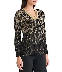 Ming Wang Lurex Leopard Print Jacquard V-Neck Long Sleeve Tunic