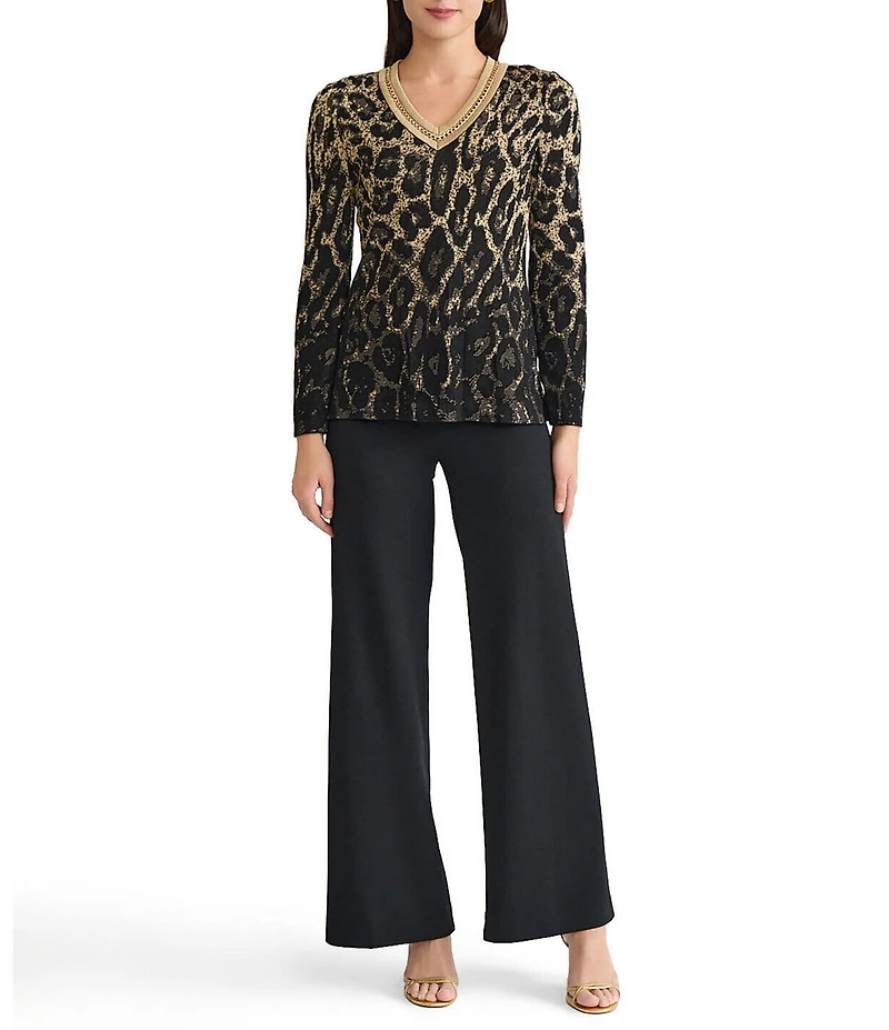 Ming Wang Lurex Leopard Print Jacquard V-Neck Long Sleeve Tunic