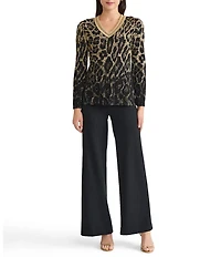 Ming Wang Lurex Leopard Print Jacquard V-Neck Long Sleeve Tunic