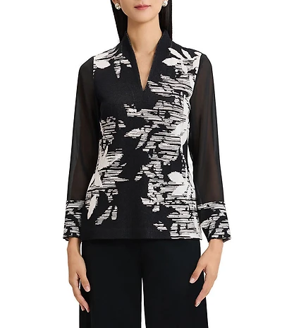 Ming Wang Mixed-Media Floral Jacquard Mandarin Neck Long Sleeve Tunic