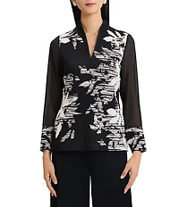 Ming Wang Mixed-Media Floral Jacquard Mandarin Neck Long Sleeve Tunic