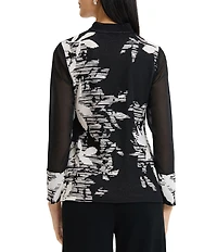 Ming Wang Mixed-Media Floral Jacquard Mandarin Neck Long Sleeve Tunic