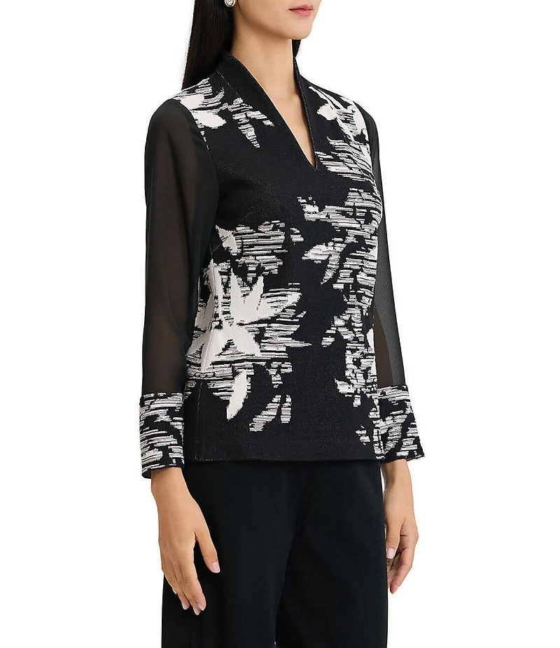Ming Wang Mixed-Media Floral Jacquard Mandarin Neck Long Sleeve Tunic