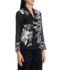 Ming Wang Mixed-Media Floral Jacquard Mandarin Neck Long Sleeve Tunic