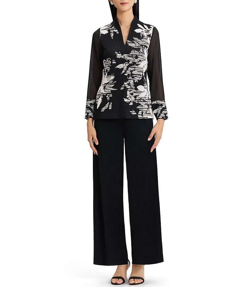 Ming Wang Mixed-Media Floral Jacquard Mandarin Neck Long Sleeve Tunic