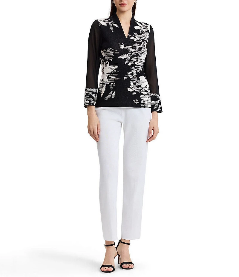 Ming Wang Mixed-Media Floral Jacquard Mandarin Neck Long Sleeve Tunic