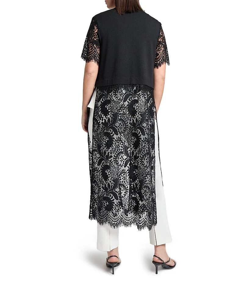 Ming Wang Mixed-Media Lace Knit Open Front Short Sleeve Duster