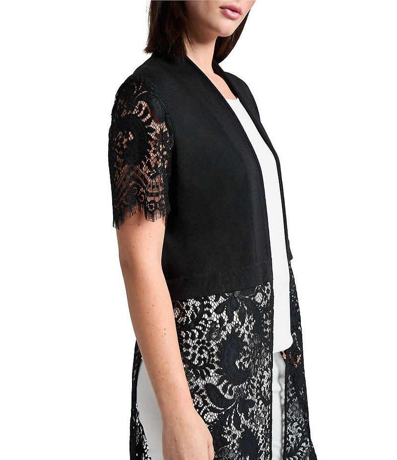 Ming Wang Mixed-Media Lace Knit Open Front Short Sleeve Duster