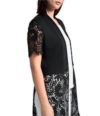 Ming Wang Mixed-Media Lace Knit Open Front Short Sleeve Duster