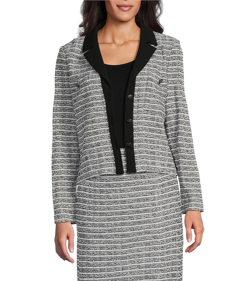 Ming Wang Mixed-Media Melange Stripe Notch Collar Long Sleeve Button-Front Coordinating Cropped Jacket