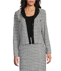 Ming Wang Mixed-Media Melange Stripe Notch Collar Long Sleeve Button-Front Coordinating Cropped Jacket