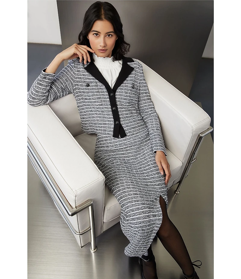 Ming Wang Mixed-Media Melange Stripe Notch Collar Long Sleeve Button-Front Coordinating Cropped Jacket