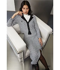 Ming Wang Mixed-Media Melange Stripe Notch Collar Long Sleeve Button-Front Coordinating Cropped Jacket