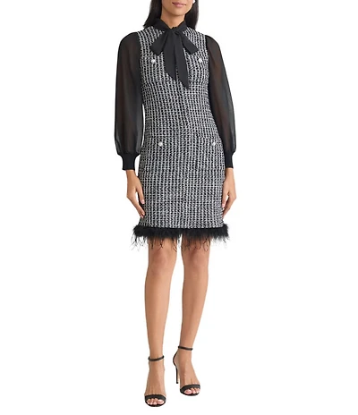 Ming Wang Mixed-Media Tweed Knit Tie Neck Long Sheer Sleeve Feather Trim Dress